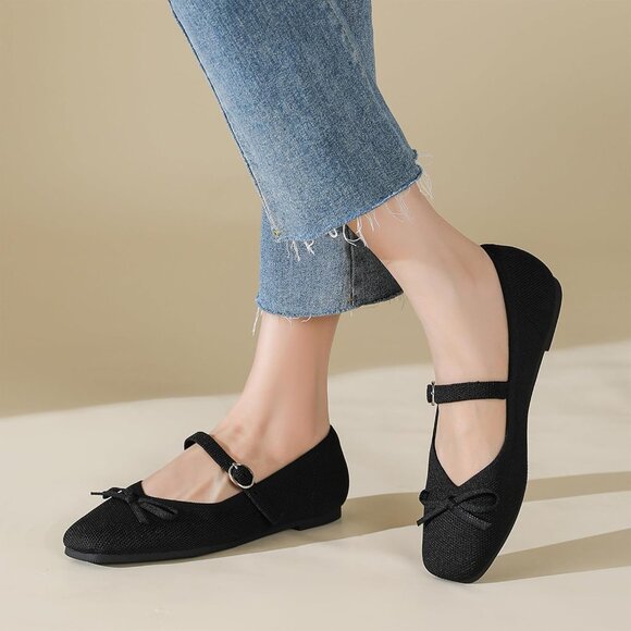 Women Black Fabric Upper And Rubber Sole Casual Ballet Flats With Ankle Strap - Picture 5 of 6